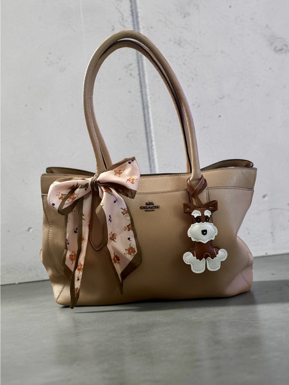 Coach Pebbled Leather Tote in Beige with Pink Scarf Accent and Dog Charm 2018 - Picture 1 of 9